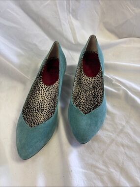 BCBG Teal Suede Pointed-Toe Flats with Leopard Lining